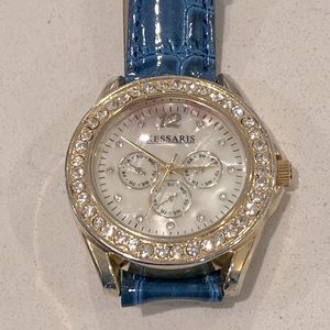 Kessaris Crystal Blue Leather Band Ladies Watch